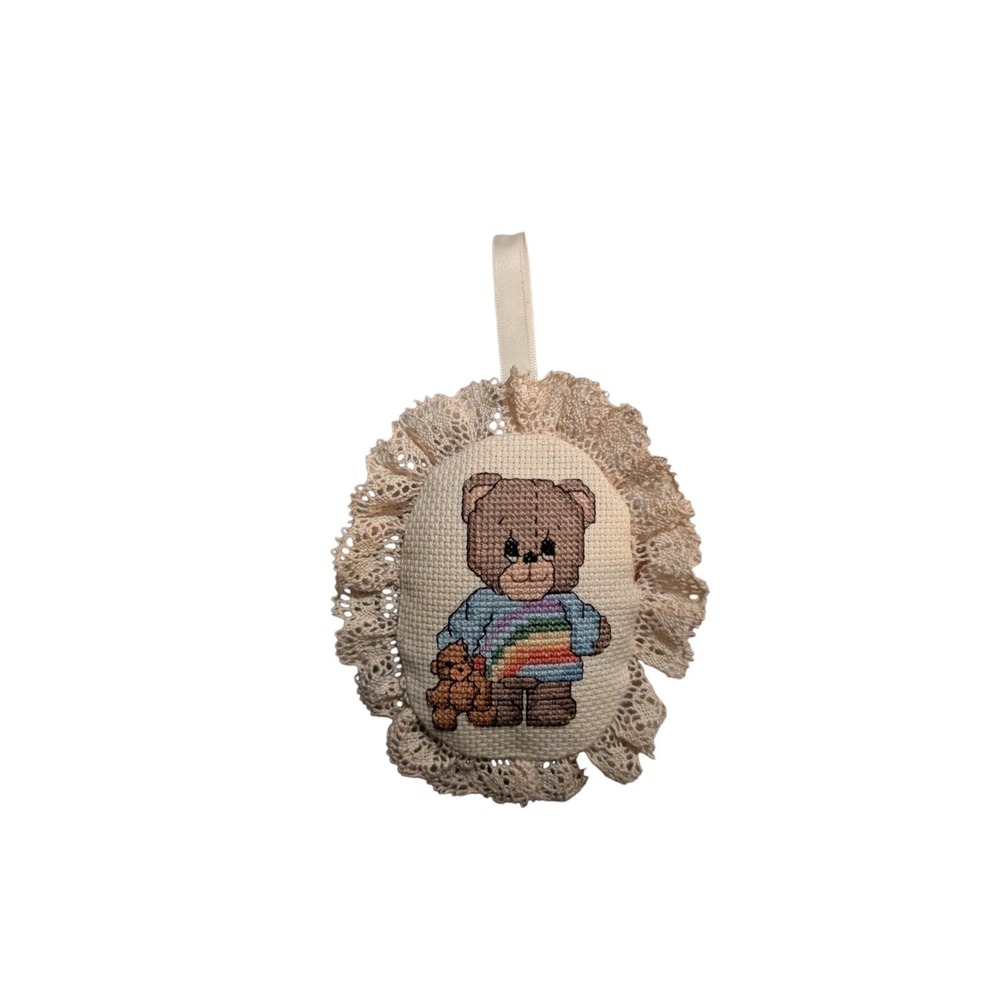 Vintage Handmade Cross Stitch Teddy Bear Rainbow Lace Sachet Ornament